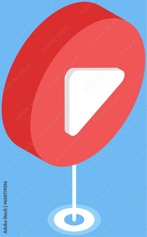Poster pause video player button with white arrow in red circle. internet program, podcast listening applic