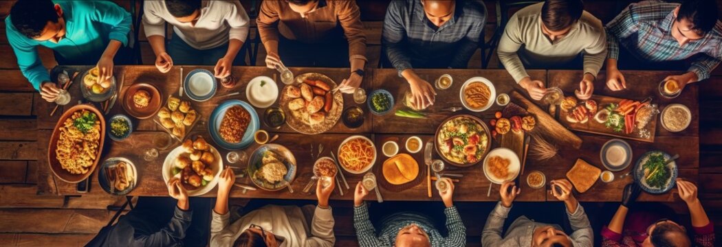 a group of people sitting at a large dinner table with plates of food on them, in the style of rustic texture, spontaneous gesture, high-angle, photo taken with provia