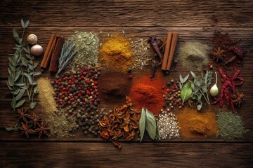 Wooden background with variety of seasonings in herbal form. Generative AI