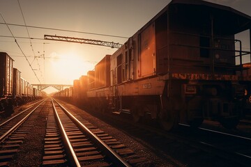 Naklejka na ściany i meble A train transporting goods during sunset. Generative AI