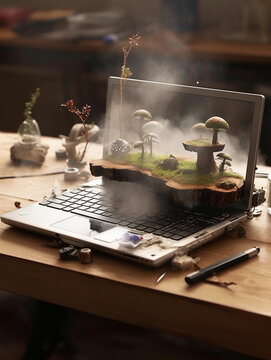 A laptop broke with 3D fungus like mushroom coming out from screen.