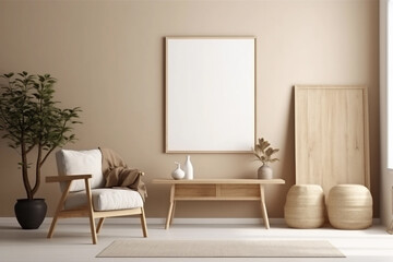 Neutral beige wall with one empty frame for wall art mockup. Monochrome boho room with minimalist vase and neutral decor. Generative AI.