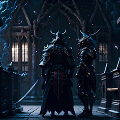 Illustration of Knights in heavy armor standing with each other in gothic church with illuminated runes in background