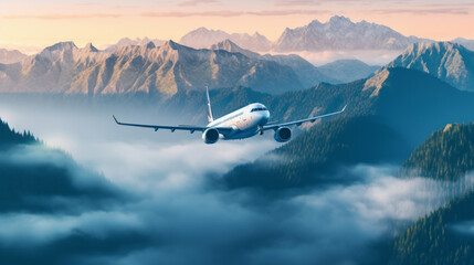 Fototapeta na wymiar Airplane in sky background. Illustration AI Generative.