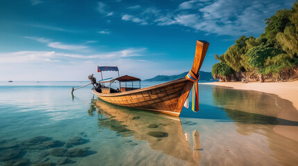 Thai traditional wooden longtail boat. Illustration AI Generative. - obrazy, fototapety, plakaty