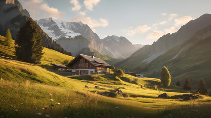 House in mountain meadow. Illustration AI Generative. - obrazy, fototapety, plakaty