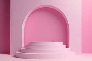 Obraz premium Candy pink monochrome round podium display background with arch and natural shadow. Beauty product promotion mockup. Round stand for cosmetic products. Generative AI