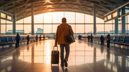 Man With Bag And Suitcase Walking In Airport. Illustration AI Generative.