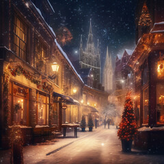 Fototapeta na wymiar Christmas in the street snow light church generative AI