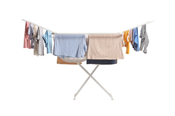 White washing line with clothes hanging