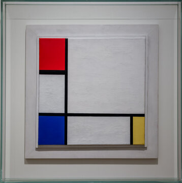 Amsterdam, Netherlands - March 30, 2023: Works of art by Piet Mondrian that form a part of the "Yesterday Today" Collection until 1950 at the Stedelijk Museum in Amsterdam