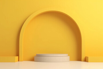 Warm yellow monochrome round podium display background with arch and natural shadow. Beauty product promotion mockup. Round stand for cosmetic products. Generative AI