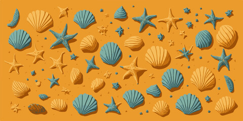 Sand with shells and starfish. Beach vector illustration.