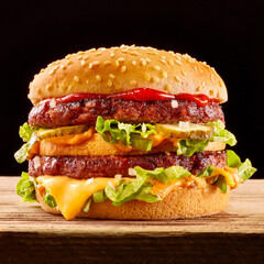 Double Cheese Burger vor schwarzem Fond auf rustikalem Holzbrett
