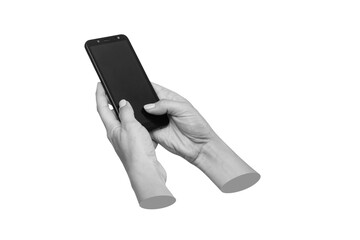 Mobile phone with black screen in female hands isolated on a white background. Blank with an empty...