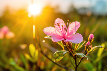Nature background with flower in spring sunrise. Generative AI