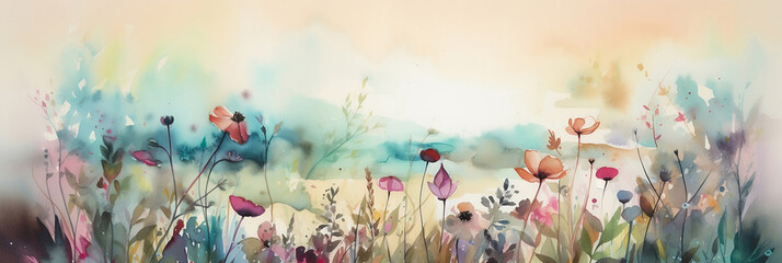 Watercolor meadow, seasonal spring background, nature wallpaper, generative ai