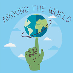 Travel around the world flat illustration. Plane flying around Earth in open space, planet on finger. Global tourism, international business, moving between continents, trip or vacation for travelers