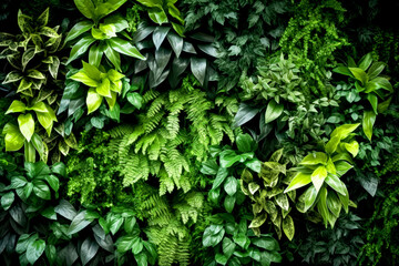 Green wall with plants and leaves. Generative AI