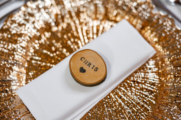 The name Chris - Stunning gold plated dinner plate with wooden name tag Christopher and love heart...