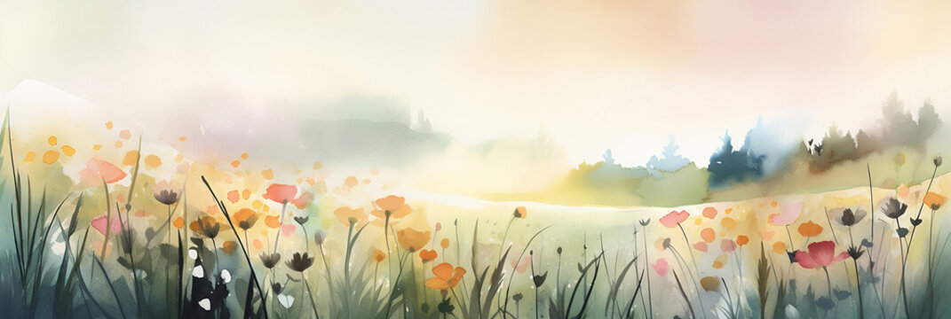 Watercolor meadow, seasonal spring background, nature wallpaper, generative ai