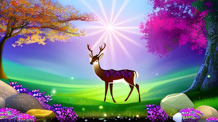 Deer in the grass field at sunset or sunrise - Ai Generative illustration