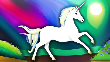 Plakat unicorn. photo of a snow-white unicorn with a pink and white mane and tail in a spring flowering garden, a magical garden - AI Generative