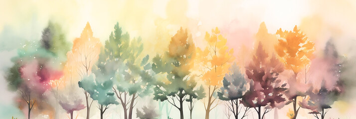 Obraz na płótnie Canvas Forest in the morning painted with watercolor, dreamy landscape, foggy nature, colorful wallpaper, generative ai