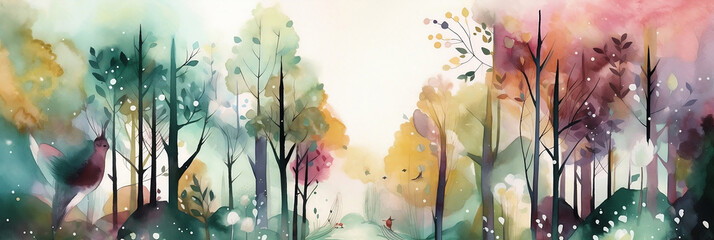 Forest in the morning painted with watercolor, dreamy landscape, foggy nature, colorful wallpaper, generative ai