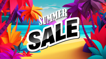 Fototapeta na wymiar Summer sale banner design template with palms and sea background. 