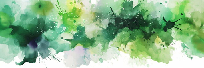 Watercolor splash background.  Texture with green shades. Perfect for tropical backdrop. Long wide banner. Generative ai.