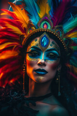 Obraz na płótnie Canvas Portrait of beautiful woman wearing colorful carnival mask, Brazilian Carnival, Generative AI