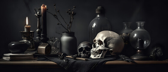 Dark macabre Skull still life background - generative AI - dark art - obrazy, fototapety, plakaty