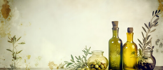 Fresh Olive Oil bottle still life background - generative AI - Food