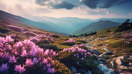Pink flowers in mountain. Illustration AI Generative.