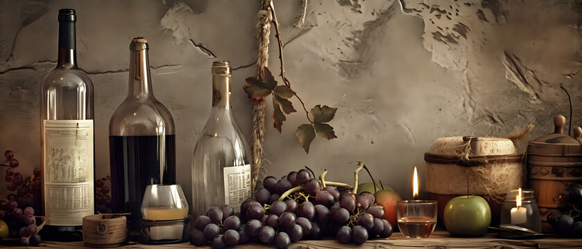 Winery still life background - generative AI - bottle wine and grapes
