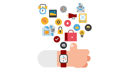 technology data with applications in smartwatch ,wearing smartwatch. stock illustration