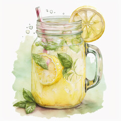 Fresh citrus lemonade in mason jar with mint leaf. Healthy fruit juice beverage for Lemonade Day, Lemon Juice Day. Generative AI