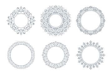 Set of decorative frames Elegant vector element for design in Eastern style, place for text. Floral gray and white borders. Lace illustration for invitations and greeting cards