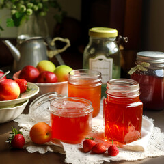 Fototapeta na wymiar apple jam in glass jars and lots of fresh fruit. Generative AI