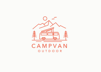 Line art Camper van logo, emblems and badges. camping tent and forest silhouette. Recreational vehicle illustration © Artcilpa99d