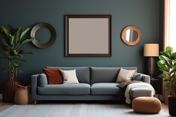 Minimal modern home living room design with blank picture frame wall mockup. AI generated