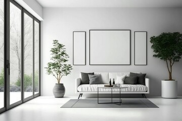 Minimal modern home living room design with blank picture frame wall mockup. AI generated