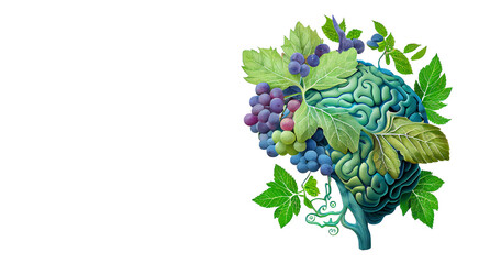 Human brain tree with grapes and leaves, grapevine, wellness and emotion concept, enjoying a glass of wine, generative AI