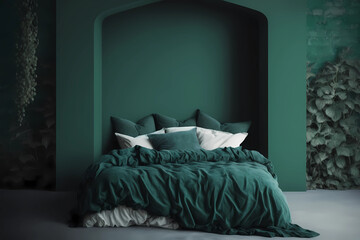 Modern cozy bedroom with monochrome forest green wall. Contemporary interior design with dark wall color, bed and pillows. Generative AI.