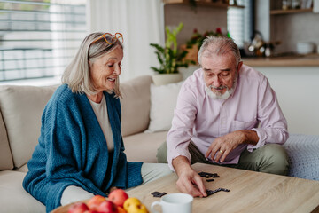 Senior couple playing dominoes game in their home.
