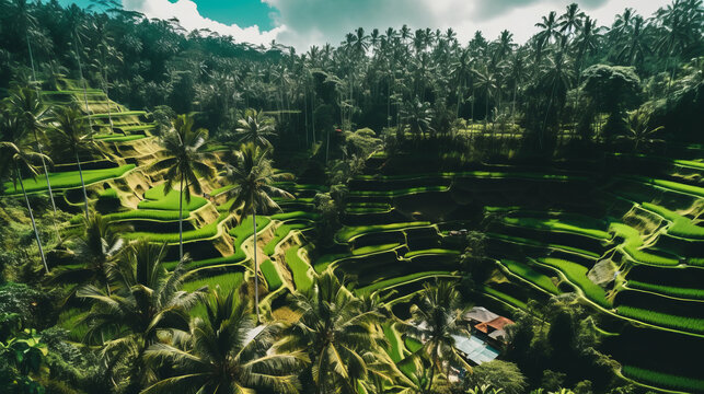 Green rice fields. Illustration Generative AI...