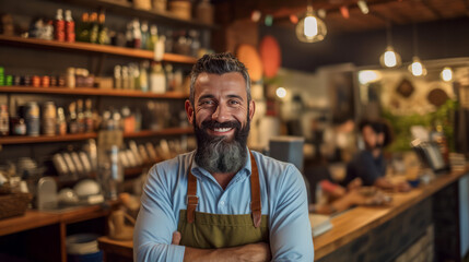 Fototapeta premium Bearded barista in pub. Illustration AI Generative.