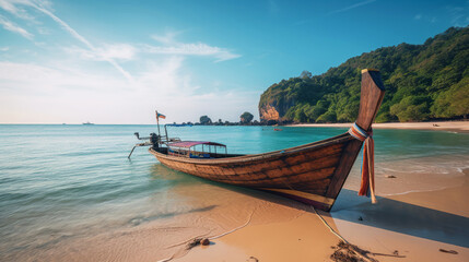 Fototapeta na wymiar Thai traditional wooden longtail boat. Illustration AI Generative.