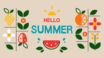 Hello summer bright modern background for banner design. Horizontal poster with plant elements and fruits, greeting card, header for website. Vector illustration